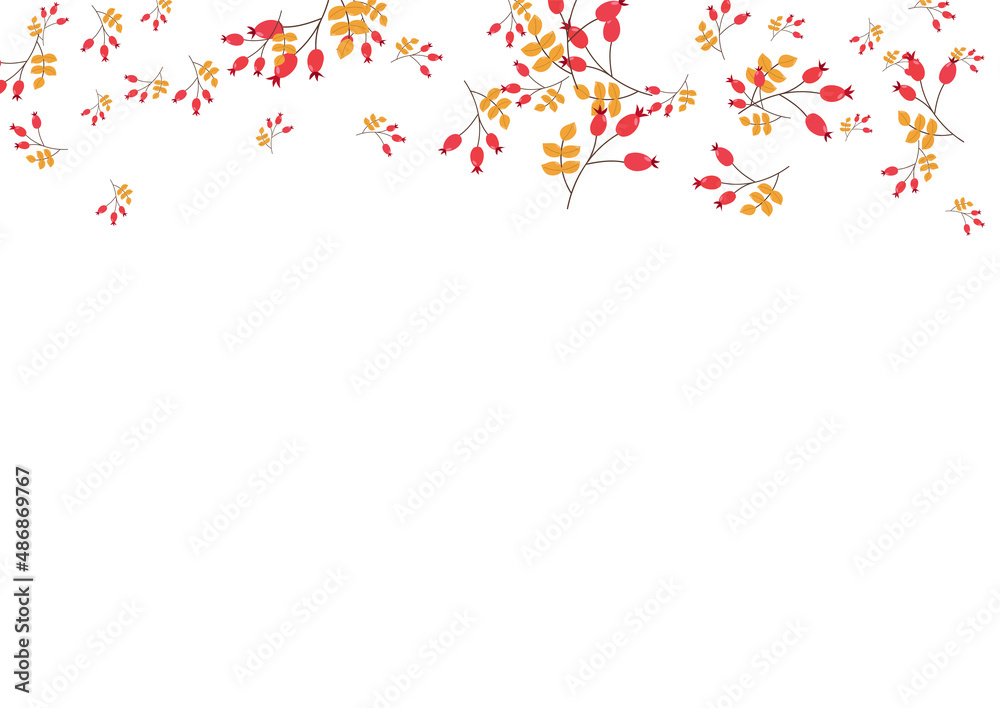 Yellow Leaf Background White Vector. Foliage Image Template. Red Berries Material. Natural Card. Leaves Border.