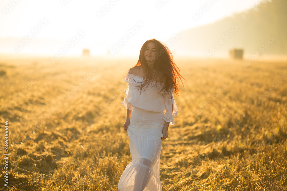 Young woman on a field. Summer is a great dream time. Girl in dress on a field at sunset Young woman on a field. Summer is a great dream time. Girl in dress on a field at sunset