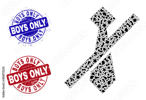 Round BOYS ONLY corroded badges with text inside round shapes, and fraction mosaic frorbidden man tie icon. Blue and red seals includes BOYS ONLY title.