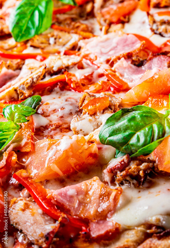 flatbread Pepperoni roman Pizza with Mozzarella cheese, chicken, ham, Tomato sauce, pepper, Spices. Italian pizza 
