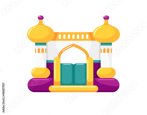 Inflatable bouncy castle for kids summer games on playground. Children's trampoline with arabic palace design. Vector colorful flat illustration isolated on white background