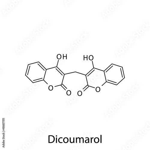 Dicoumarol molecular structure, flat skeletal chemical formula. Vitamin K antagonist anticoagulant drug used to treat Thrombosis, prevention of stroke. Vector illustration.