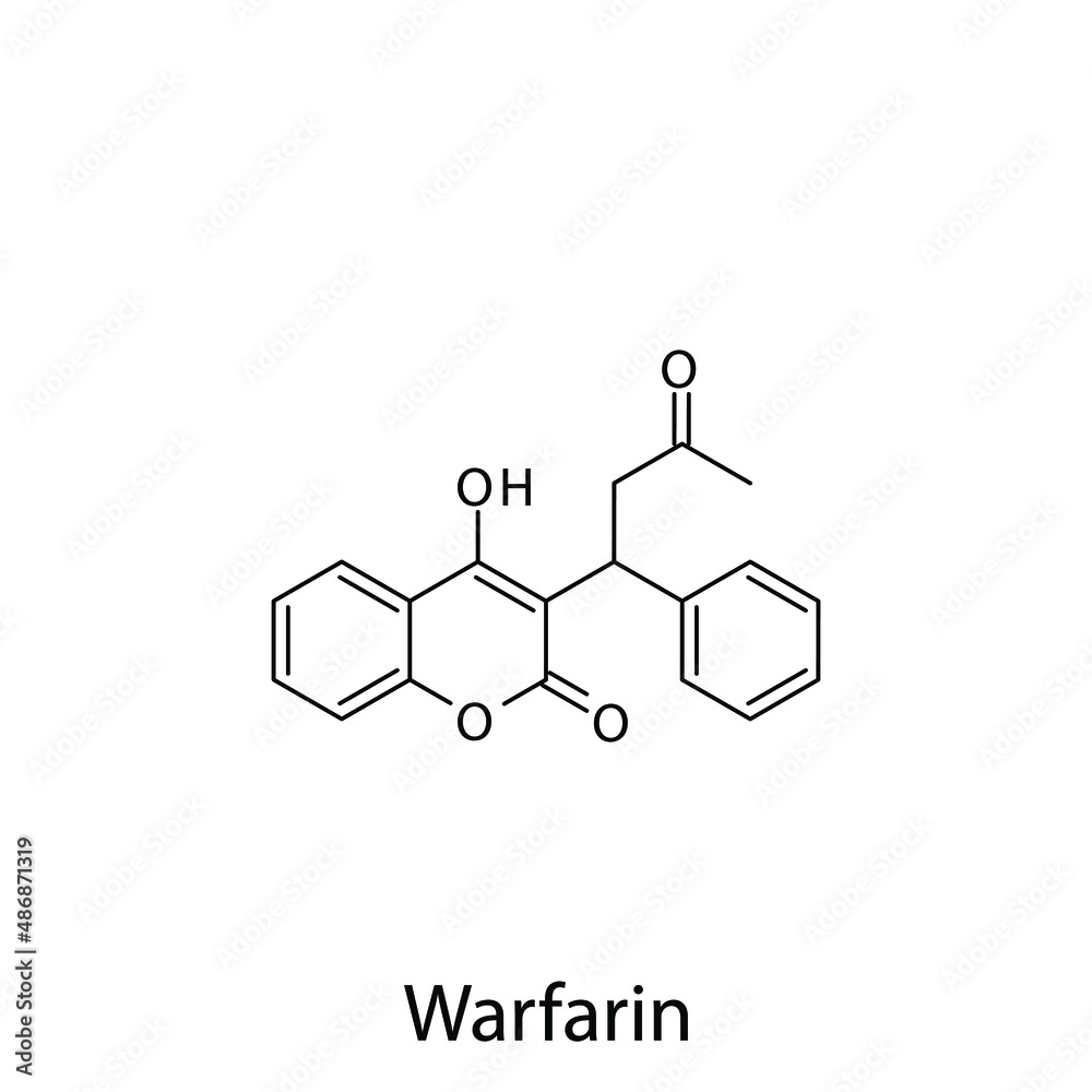 Warfarin molecular structure, flat skeletal chemical formula. Vitamin K