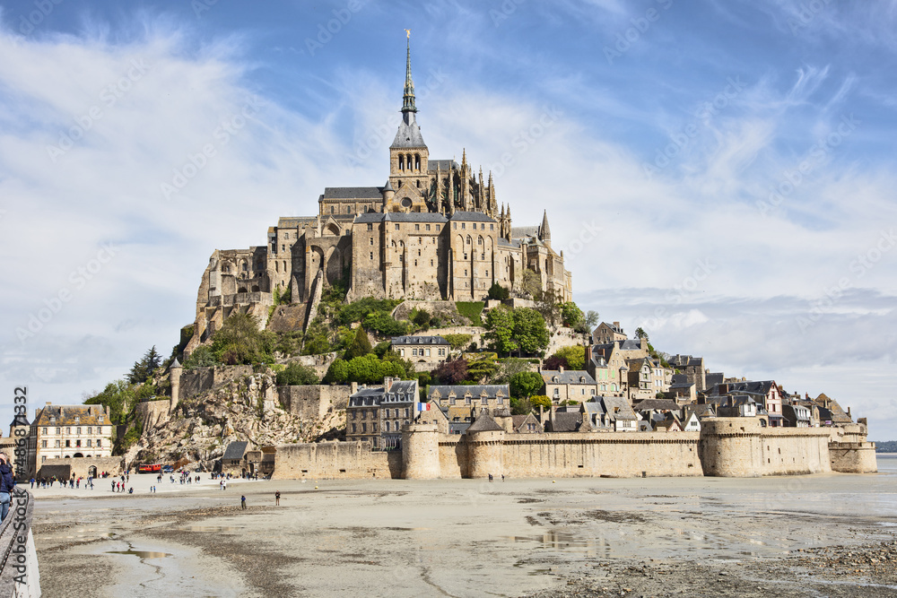 View of the beautiful cathedral Le Mont Saint-Michel in Normandy, France, beautiful historic building, tourist place