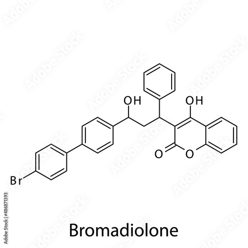 Bromadiolone molecular structure, flat skeletal chemical formula. Vitamin K antagonist Rodenticide drug used to treat Pest control. Vector illustration.