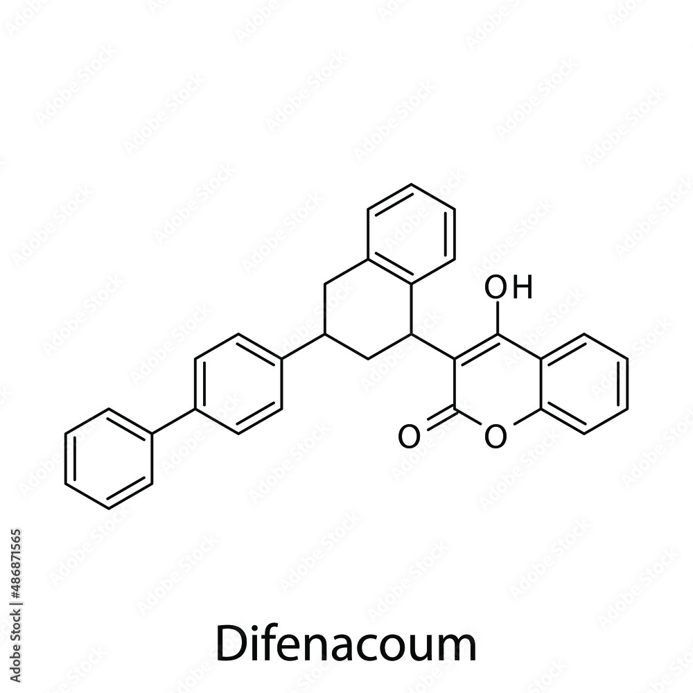Difenacoum molecular structure, flat skeletal chemical formula. Vitamin K antagonist Rodenticide drug used to treat Pest control. Vector illustration. Difenacoum molecular structure, flat skeletal chemical formula. Vitamin K antagonist Rodenticide drug used to treat Pest control. Vector illustration.