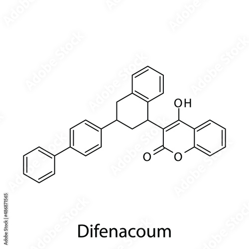 Difenacoum molecular structure, flat skeletal chemical formula. Vitamin K antagonist Rodenticide drug used to treat Pest control. Vector illustration.