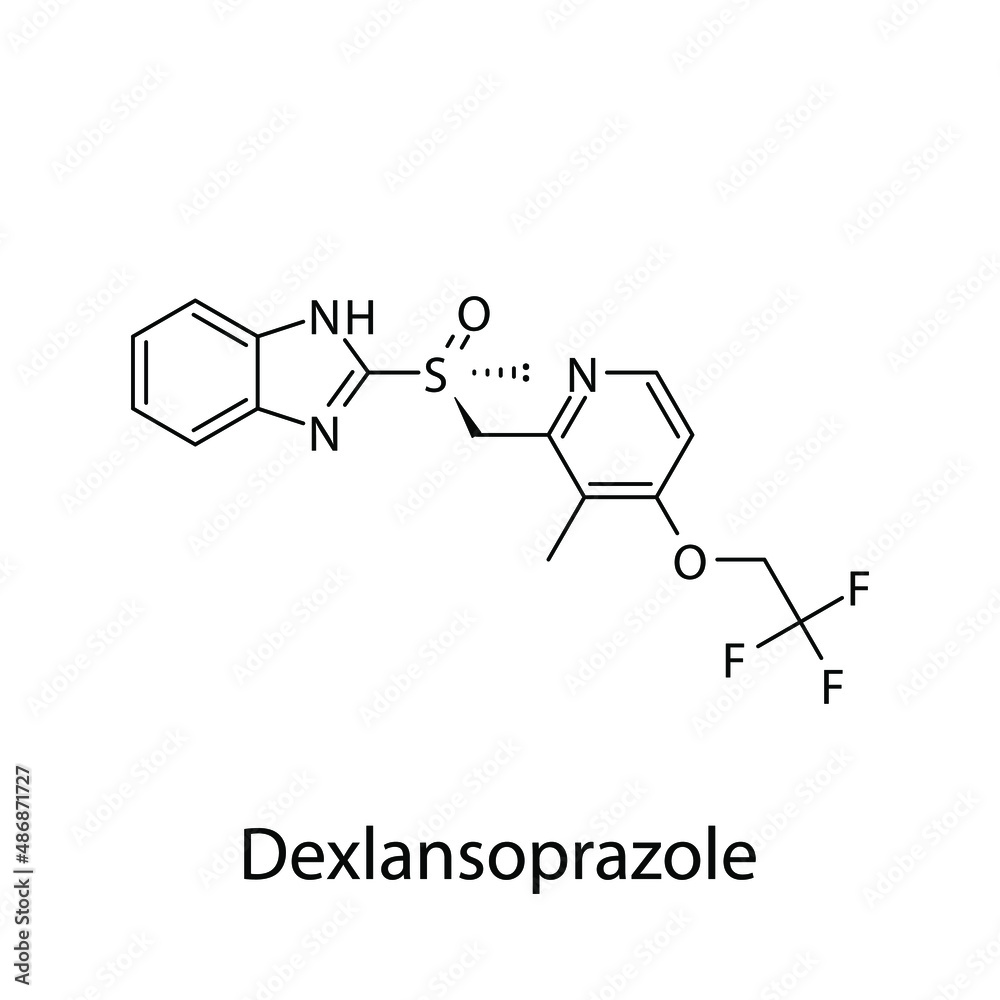 Dexlansoprazole molecular structure, flat skeletal chemical formula. Proton pump inhibitor drug used to treat . Vector illustration.