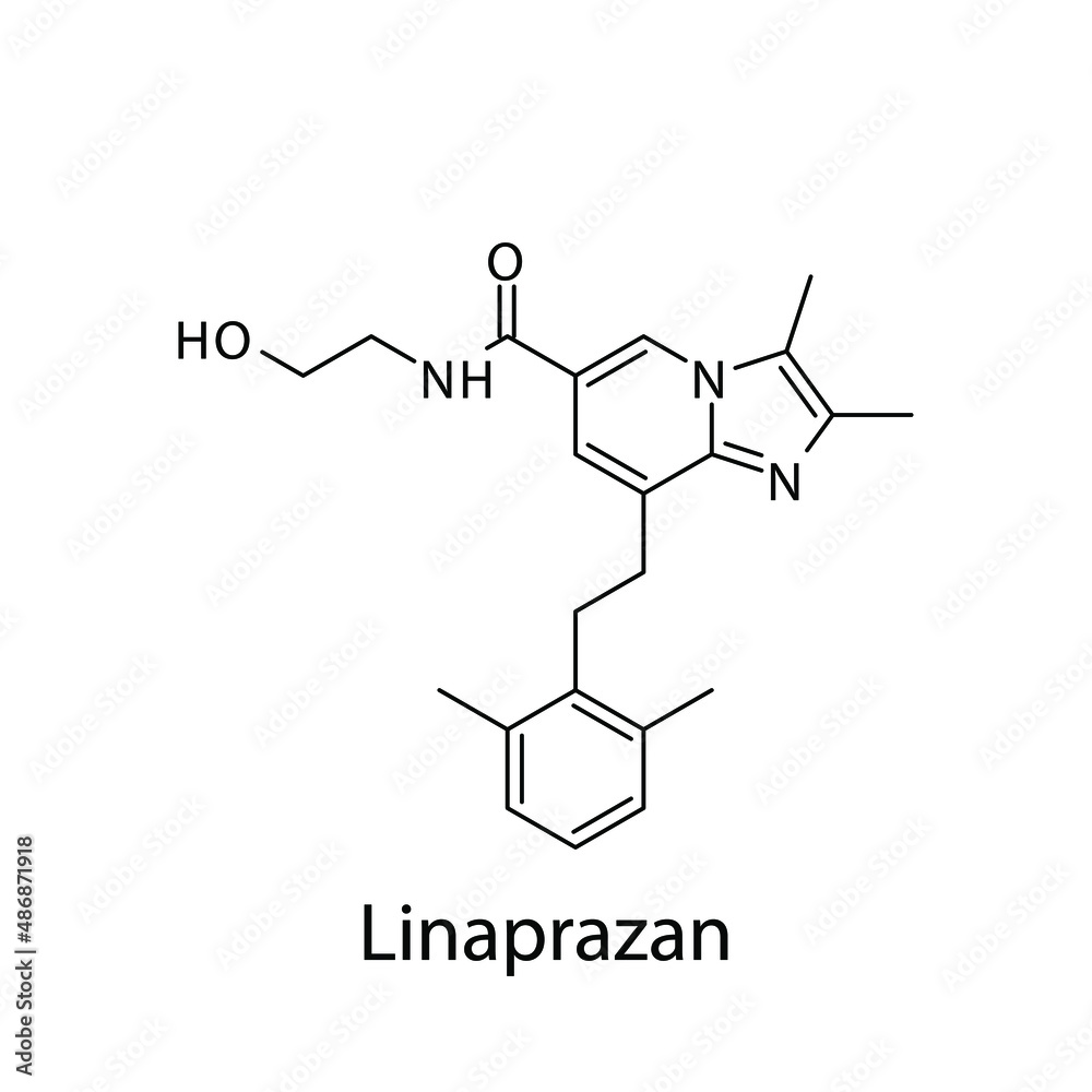 Linaprazan molecular structure, flat skeletal chemical formula. Potassium-competitive acid blocker drug used to treat . Vector illustration. Linaprazan molecular structure, flat skeletal chemical formula. Potassium-competitive acid blocker drug used to treat . Vector illustration.