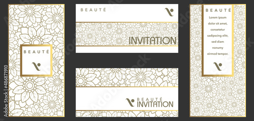 Ensemble de flyers et cartes d’invitation décorés d’un motif floral beige sur un fond blanc.