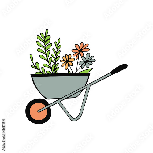 garden wheelbarrow with flowers. hand drawn in doodle style. cartoon, vector, minimalism, scandinavian. tools, plants, inventory. sticker, icon.