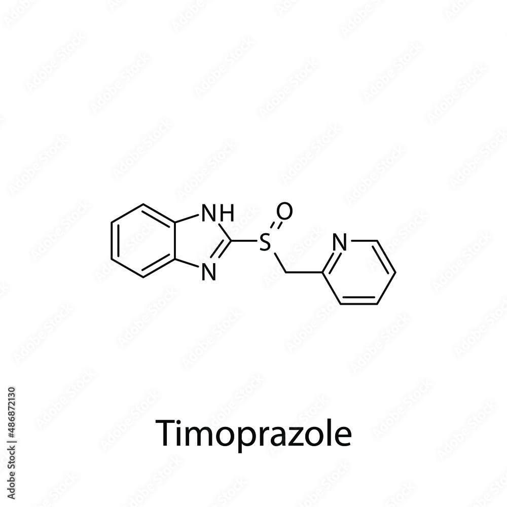 Timoprazole molecular structure, flat skeletal chemical formula. Proton pump inhibitor drug used to treat . Vector illustration.