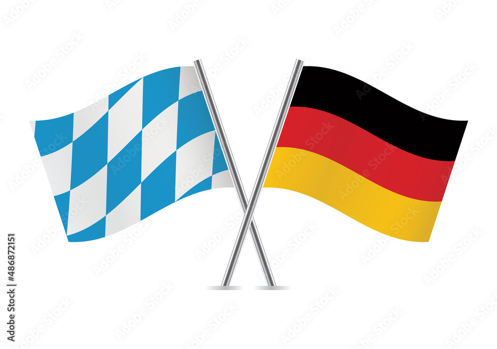 Bavaria lozenge and Germany crossed flags. The Free State of Bavaria and FRG flags. Bavarian and German flags, isolated on white background. Vector icon set. Vector illustration.