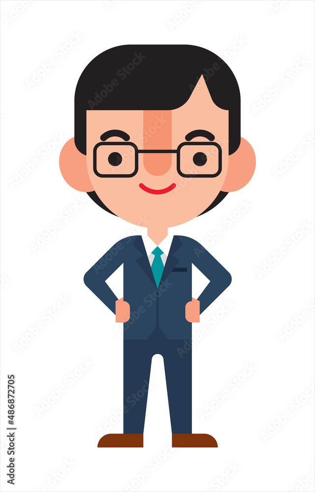 Flat design businessman wears glasses character with his arm on waist. Character illustration Flat design businessman wears glasses character with his arm on waist. Character illustration