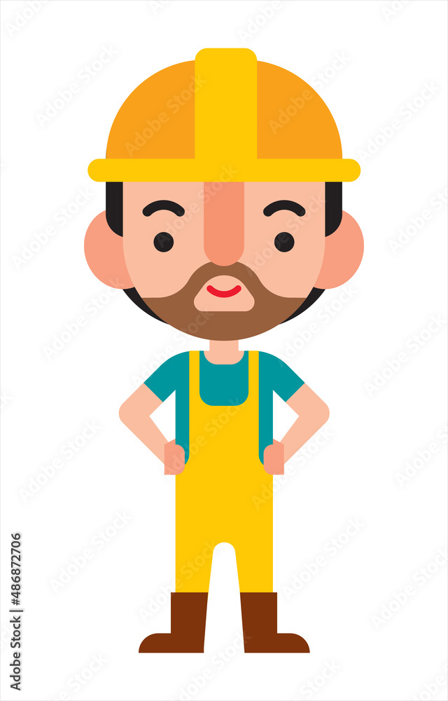 Cartoon cute construction worker character wears safety helmet and costume with his arm on waist. Flat design illustration