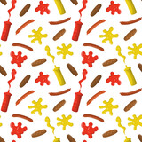 Cartoon flat sausages, burger patties, mustard, and ketchup in plastic bottles seamless pattern. Isolated on a white background. Design for wrapping, party decoration.