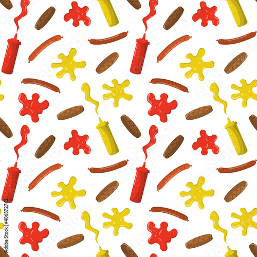 Cartoon flat sausages, burger patties, mustard, and ketchup in plastic bottles seamless pattern. Isolated on a white background. Design for wrapping, party decoration.
