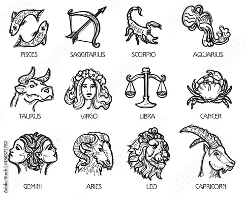 horoscope signs, zodiac symbols, hand-drawn images, vector graphic, black white