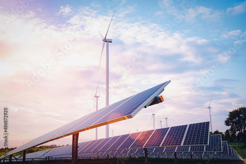 Solar plant with the wind farm in the summer season, hot climate causes increased power production and If strong winds will add the power generated, Alternative energy to conserve the world\'s energy