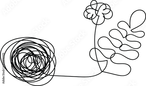 One line drawn flower and leaf. Plants emanating from the tangle