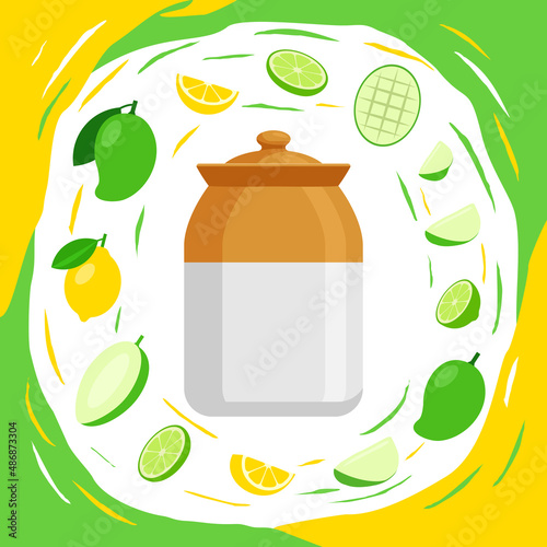 Ceramic pickle jar also known Bharani traditional indian bottle and falling mango and lemon