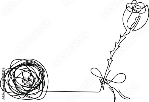 One line hand-drawn rose with thorns. A flower emanating from a tangle