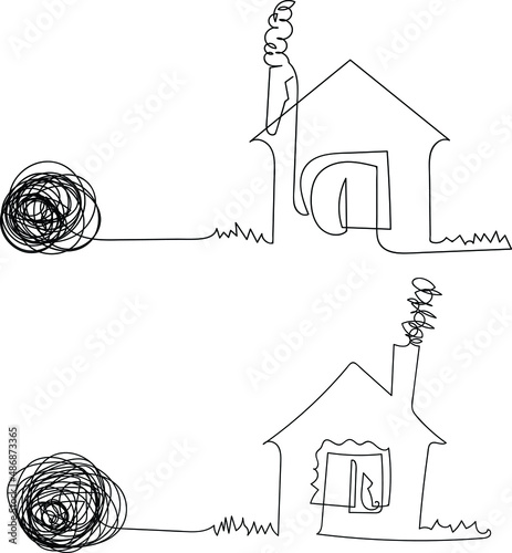 One line is a hand-drawn house. Two types of houses coming from a tangle