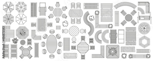 Set of linear icons. Outdoor furniture and patio items. (top view) Isolated Vector Illustration. Tables, benches, chairs, sunbeds, paths, pool, swings, umbrellas. (view from above). Furniture store.