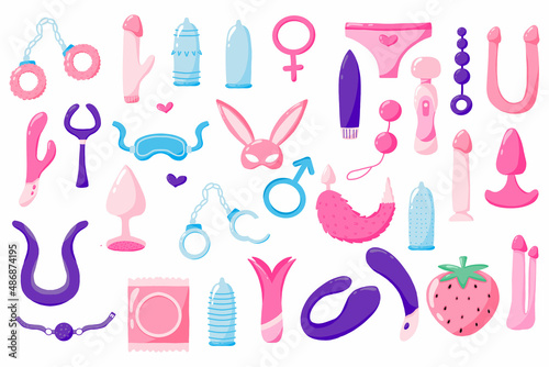 Set of sex toys. Set of adult toys. Accessories for sex. Vector set in cartoon style.