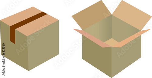 Realistic cardboard box set, opened and closed top view
