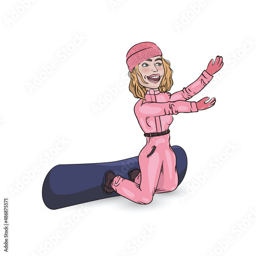 Vector illustration of a cute cartoon girl jumping on a snowboarding. photo