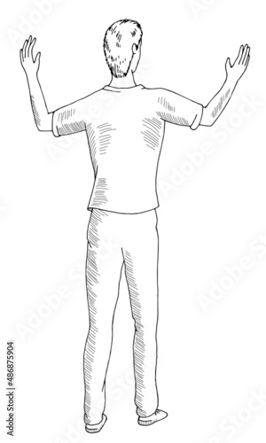 Man raised his hands up standing isolated graphic black white sketch illustration vector