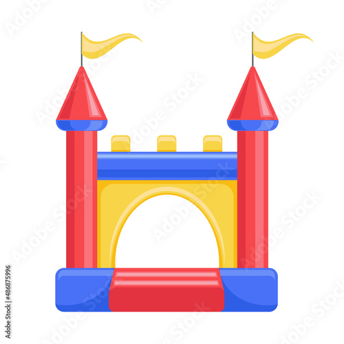 Bouncy inflatable castle. Tower and equipment for child playground. Vector line illustration