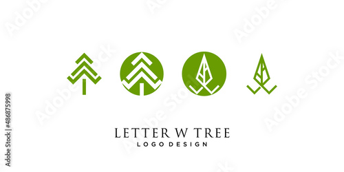 Letter W monogram tree logo design with business card template.
