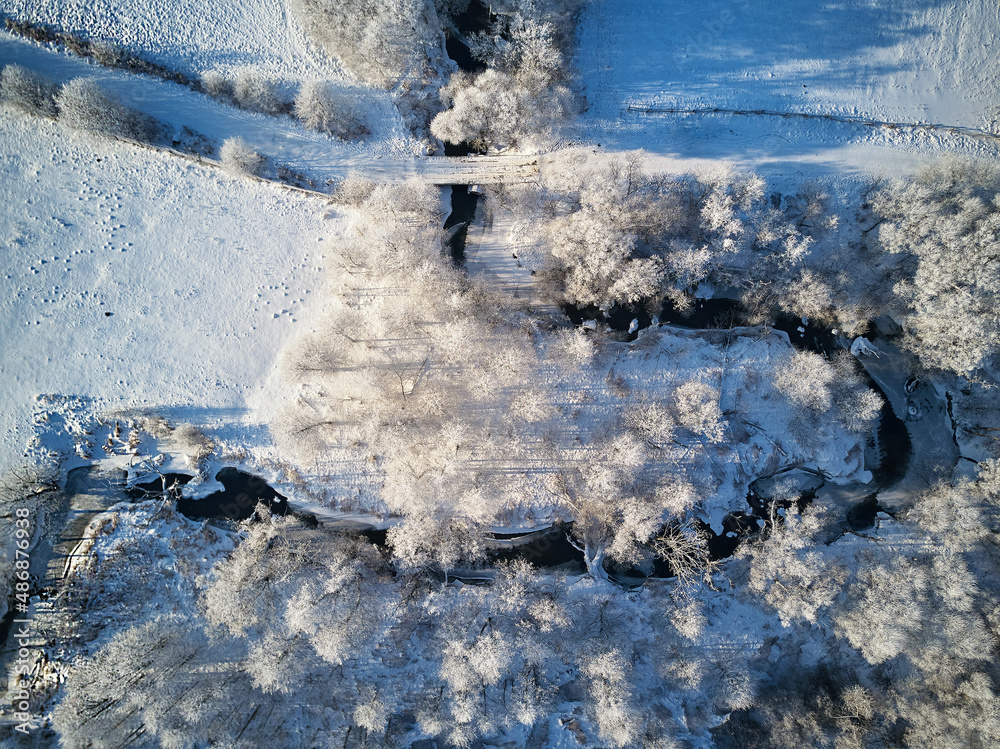 Winter woodland in frost top aerial view. Trees on riverbank. Small creek in forest. Rural dirt road. Snow covered field landscape. Cold weather