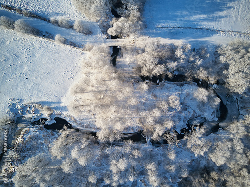 Obraz na płótnie Winter woodland in frost top aerial view. Trees on riverbank. Small creek in forest. Rural dirt road. Snow covered field landscape. Cold weather w salonie