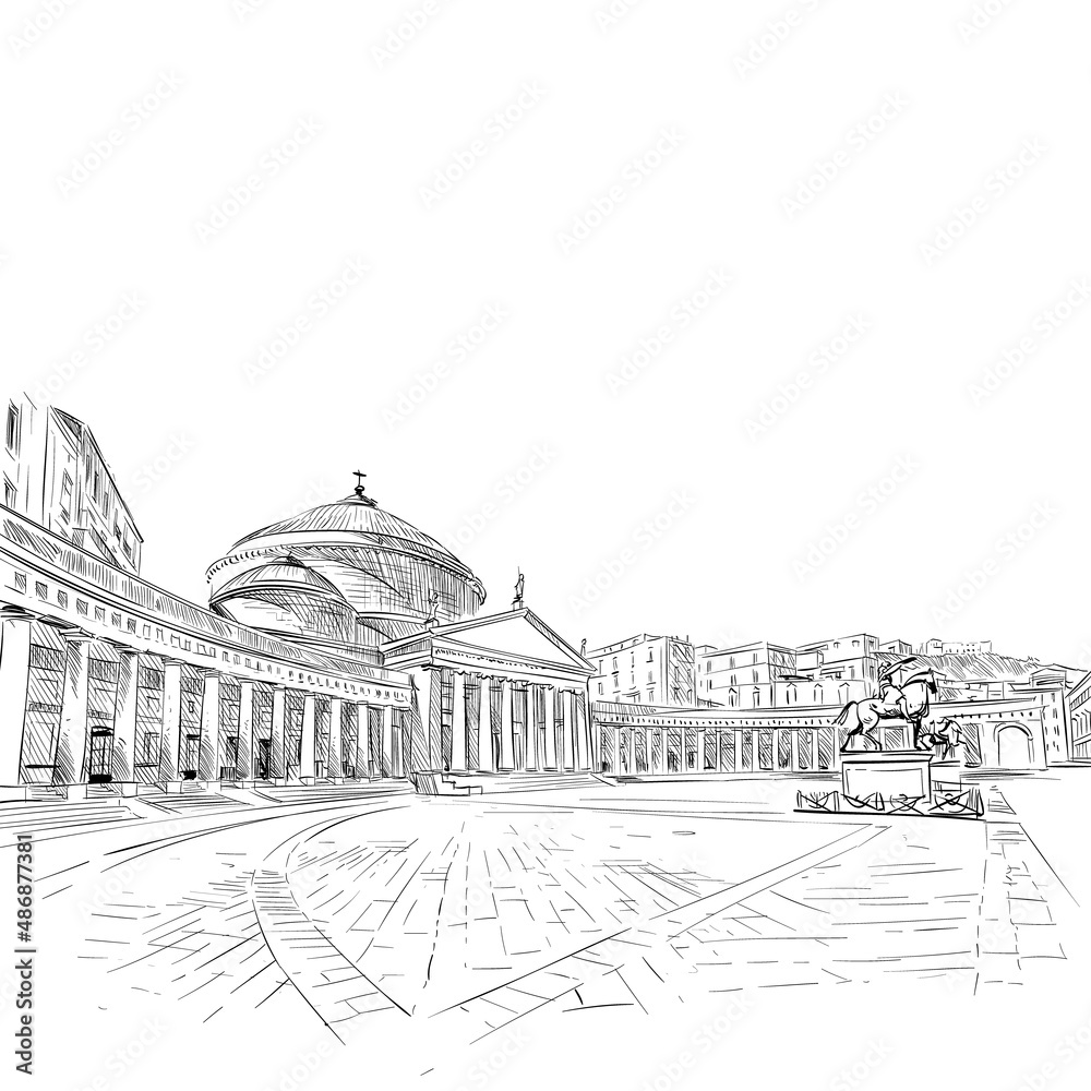 Piazza del Plebiscito. Naples. Italy. Hand drawn landmark sketch. Vector illustration.