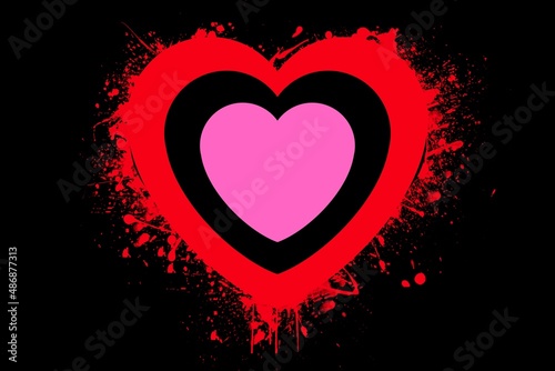 Pink heart with red blot over black background