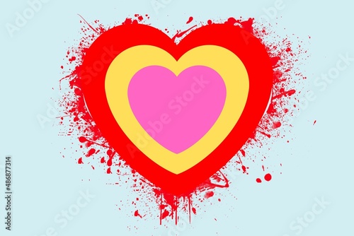 Colourful graphic grunge illustration of heart sign with ink blot, brush strokes, drops isolated on the sky blue background. 