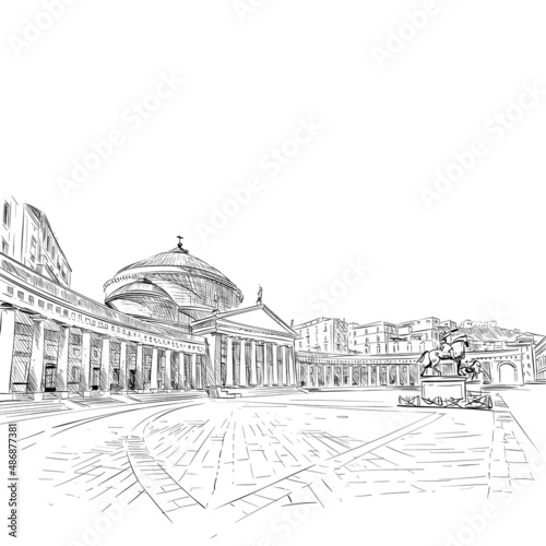 Piazza del Plebiscito. Naples. Italy. Hand drawn landmark sketch. Vector illustration.