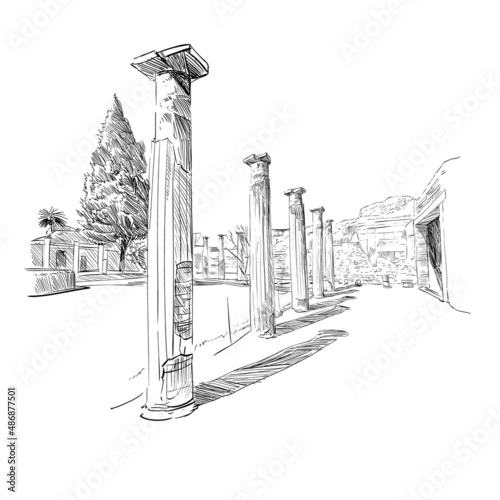 Hand drawn landmark sketch. Vector illustration. Pompeii. Naples. Italy