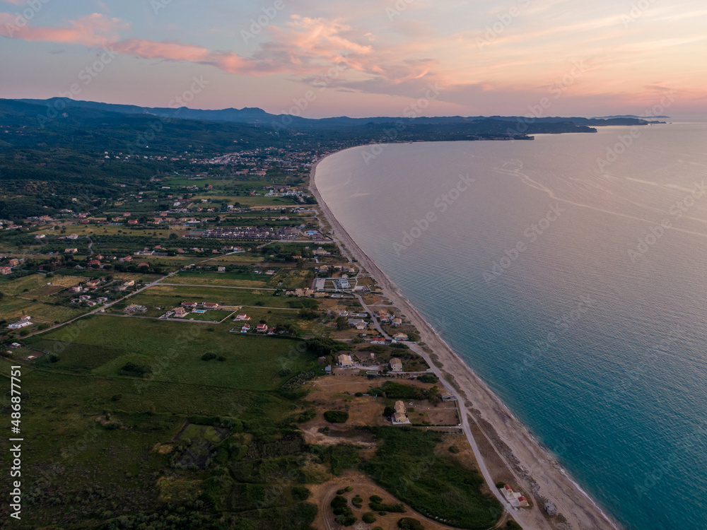 Aerial drone view of almyros beach in sunset kerkyra greece