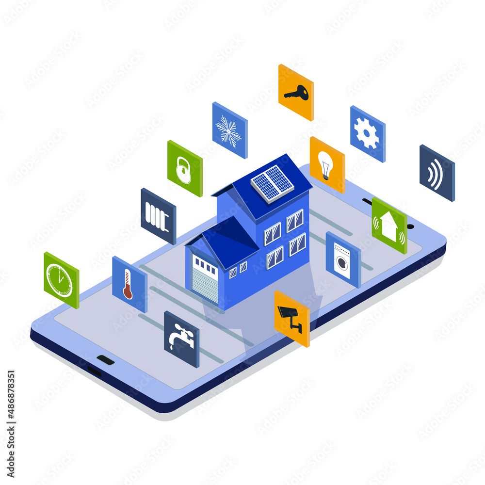 Concept of smart home technology, mobile and house in isometric view with digital interface on a white isolated background. Concept of smart home technology, mobile and house in isometric view with digital interface on a white isolated background.
