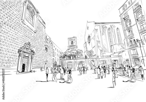 Gesu Nuovo. Naples. Italy. Hand drawn landmark sketch. Vector illustration. photo
