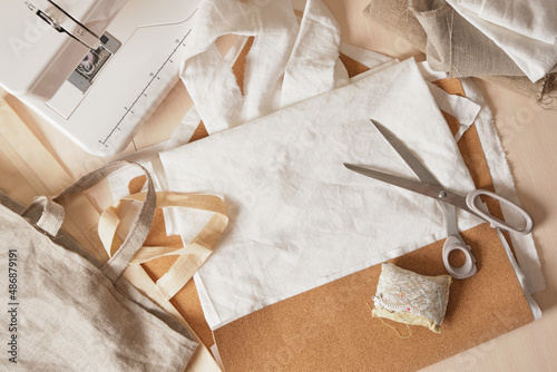 Fotografia, Obraz cork fabric bag sewing process, natural materials for eco-friendly accessories,