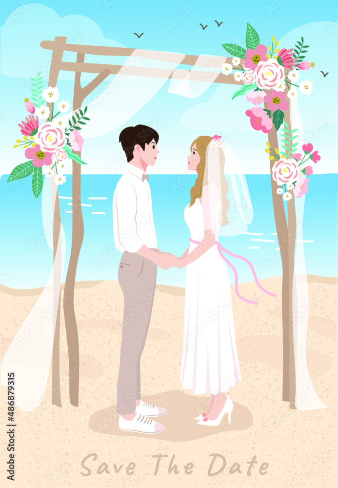 Cute premium cartoon wedding invitation Summer seaside wedding theme, bride  and groom standing near the sea ,wedding card. Stock Vector | Adobe Stock
