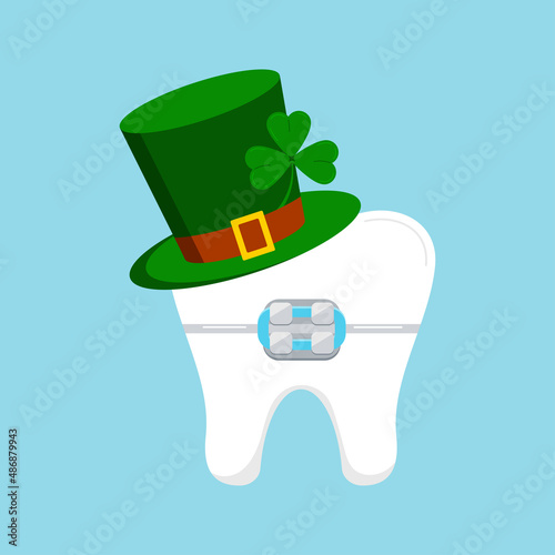 St Patrick day tooth in braces in green leprechaun hat with clover shamrock. Dental molar tooth with  bracket with gnome cylinder hat. Flat design cartoon dentist celebration vector illustration.