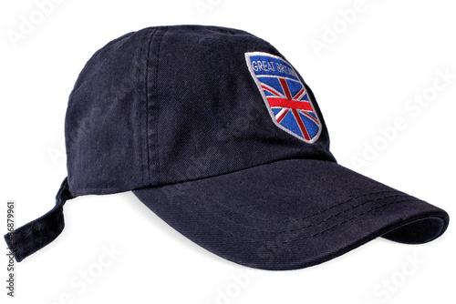 A black baseball cap with British flag on white background, isolated.