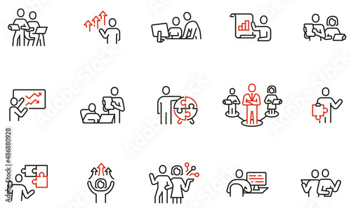 Vector set of linear icons related to business leadership, relationship, human resource management, cooperation and team work. Mono line pictograms and infographics design elements - part 4