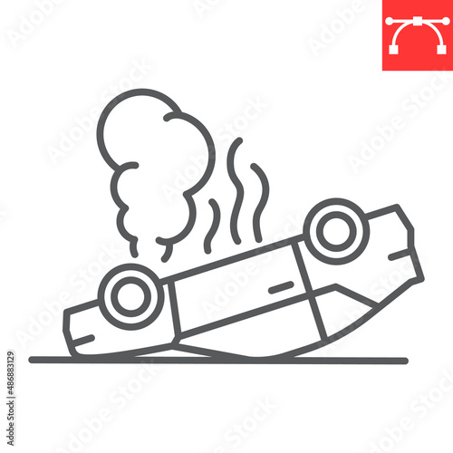 Overturned car line icon, insurance and accident, crashed car vector icon, vector graphics, editable stroke outline sign, eps 10.